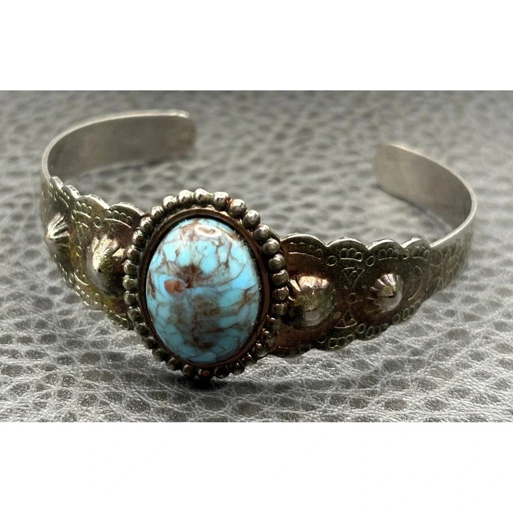Vintage Southwest Style Faux Turquoise Glass Cabochon Cuff Bracelet Silver Tone